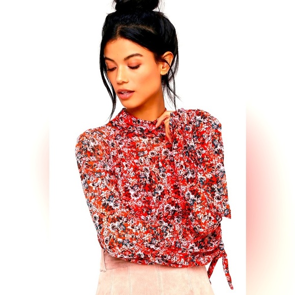 Free People - All Dolled Up Red Floral Print Mesh Long Sleeve  Top Size … - Picture 1 of 15